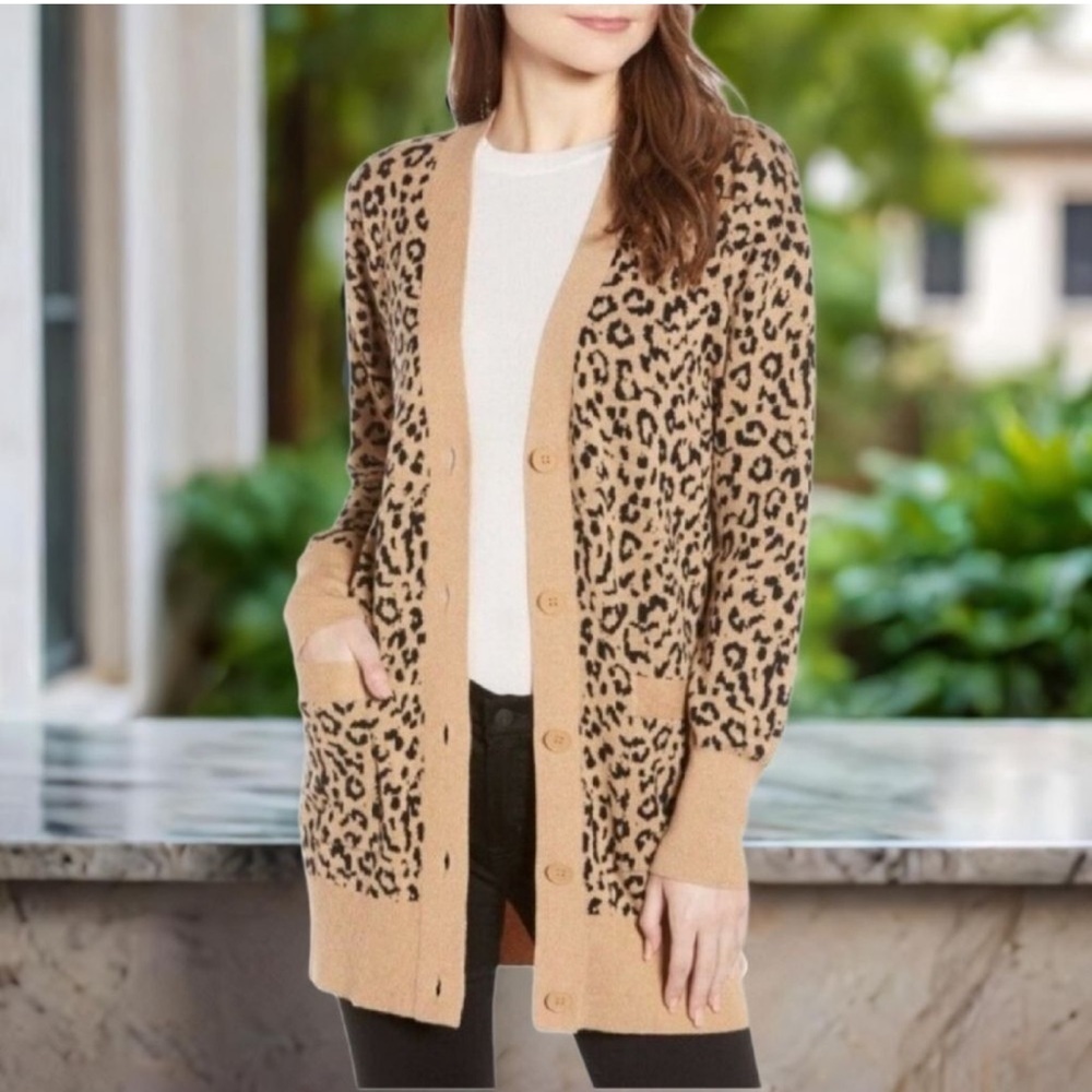 J.Crew leopard knit long merino wool blend tan black button cardigan‎ cotton